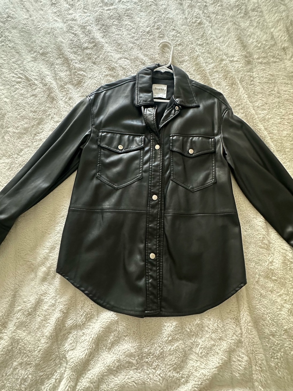 Bershka Black Faux Leather Button-Front Shirt Jacket w/ Silver Hardware